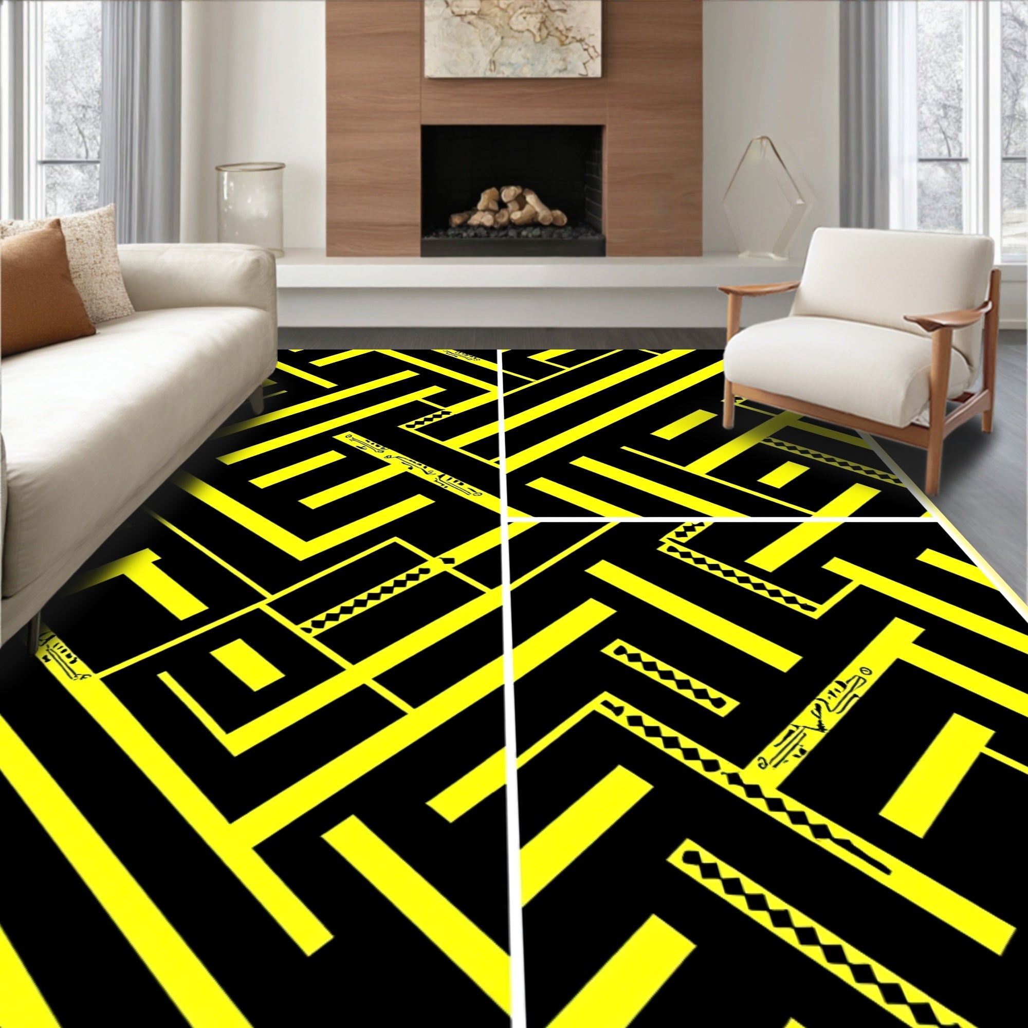 Bold Yellow Geometric Maze Rug