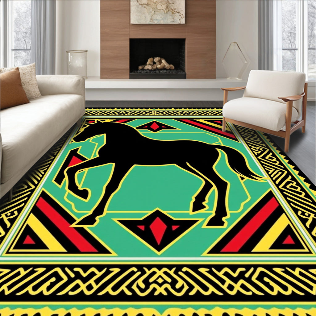 Bold Black Horse Emerald Tribal Rug
