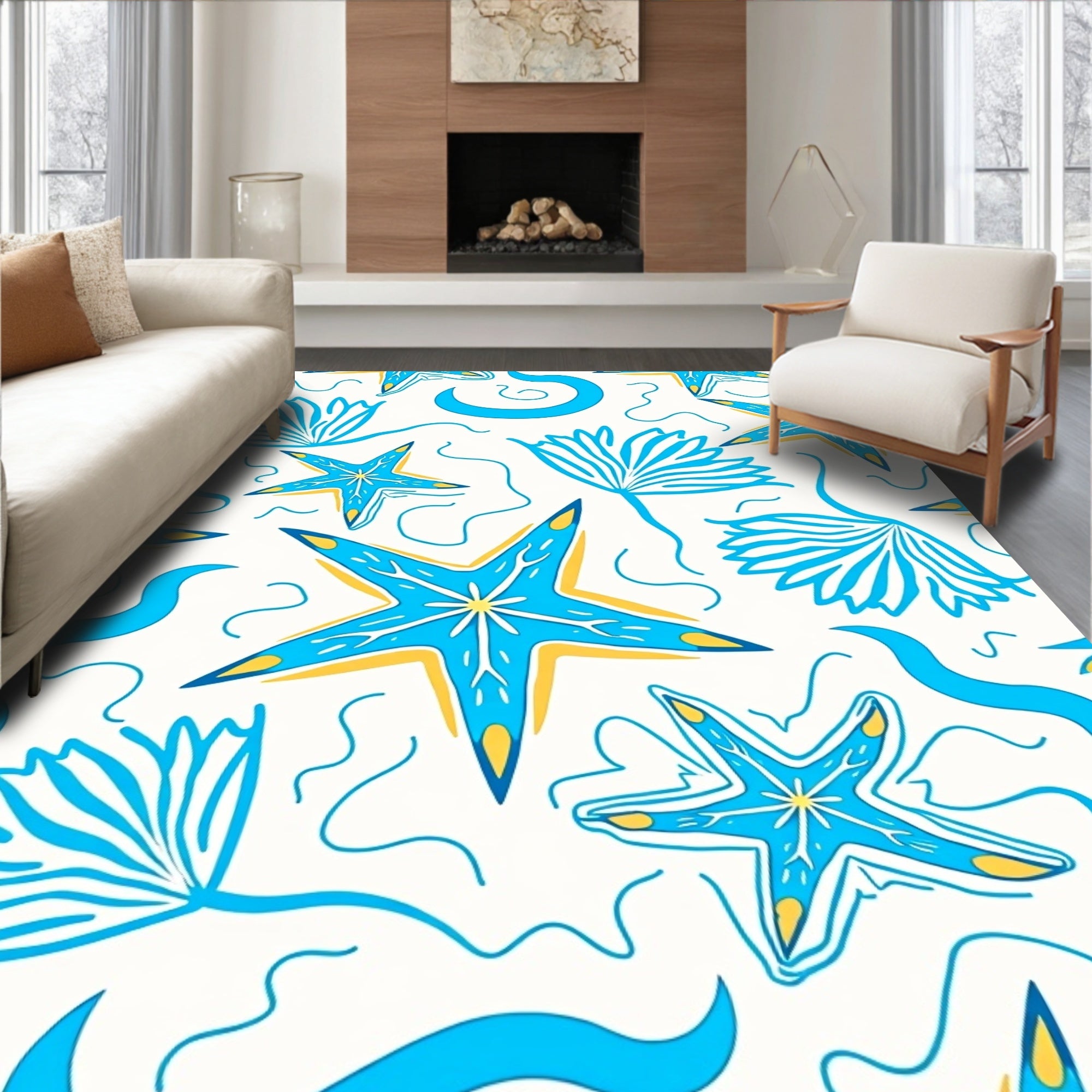 Blue Yellow Starfish Seafoam Waves Rug