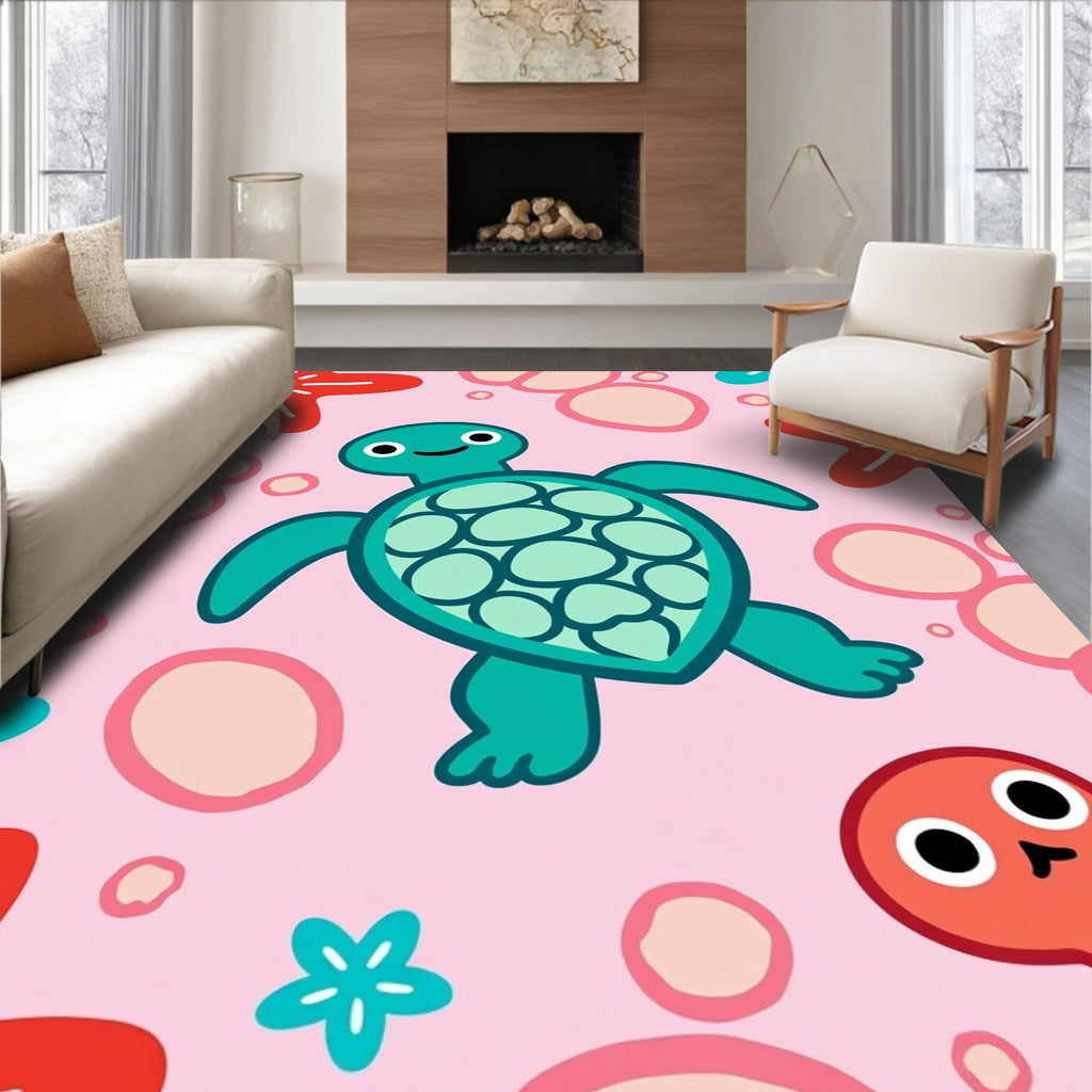 Kawaii Teal Turtle Pink Starfish Bubbles Rug