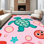 Kawaii Teal Turtle Pink Starfish Bubbles Rug