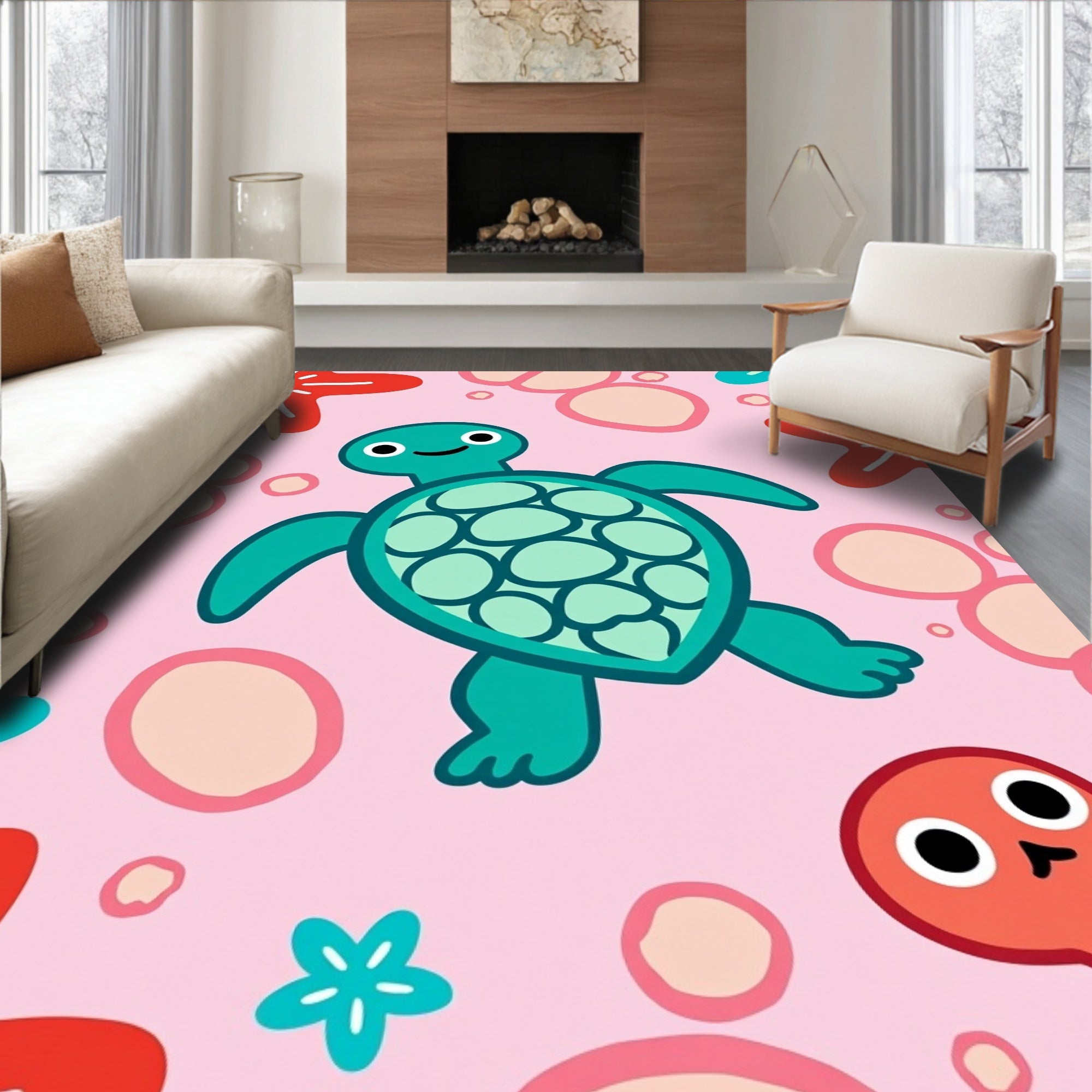 Kawaii Teal Turtle Pink Starfish Bubbles Rug