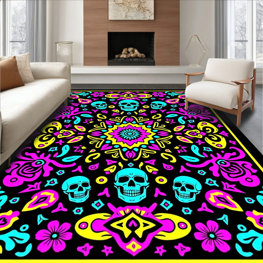 Bright Turquoise Skull Floral Mandala Rug