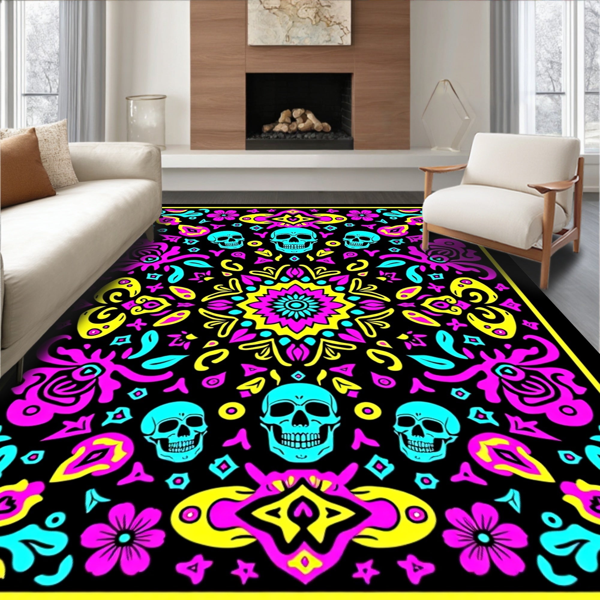 Bright Turquoise Skull Floral Mandala Rug