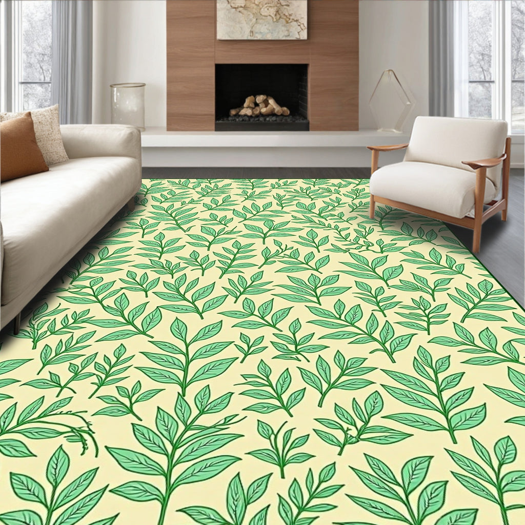 Pastel Green Foliage Branches Botanical Rug
