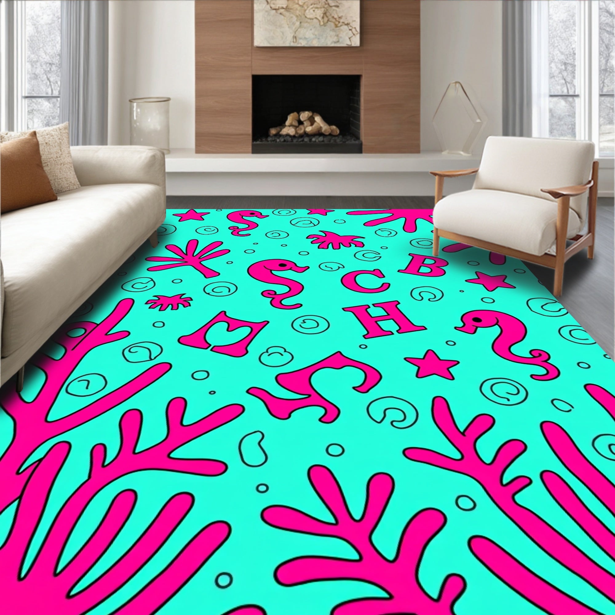 Vibrant Pink Seahorse Coral Collection Rug