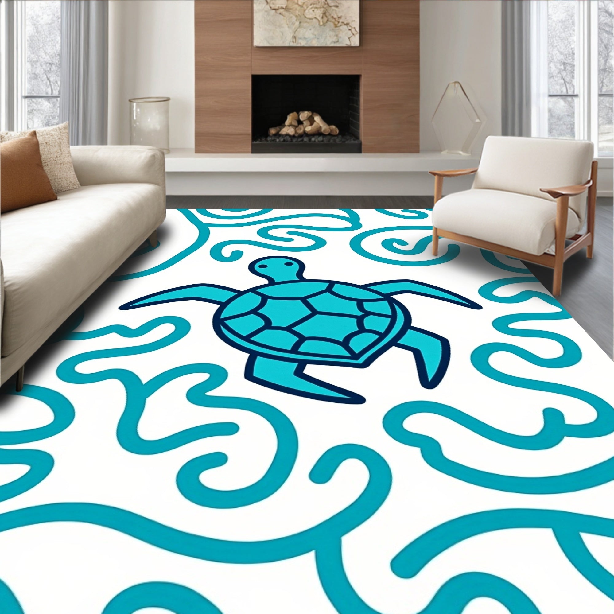 Coastal Teal Turtle Swirl Rug