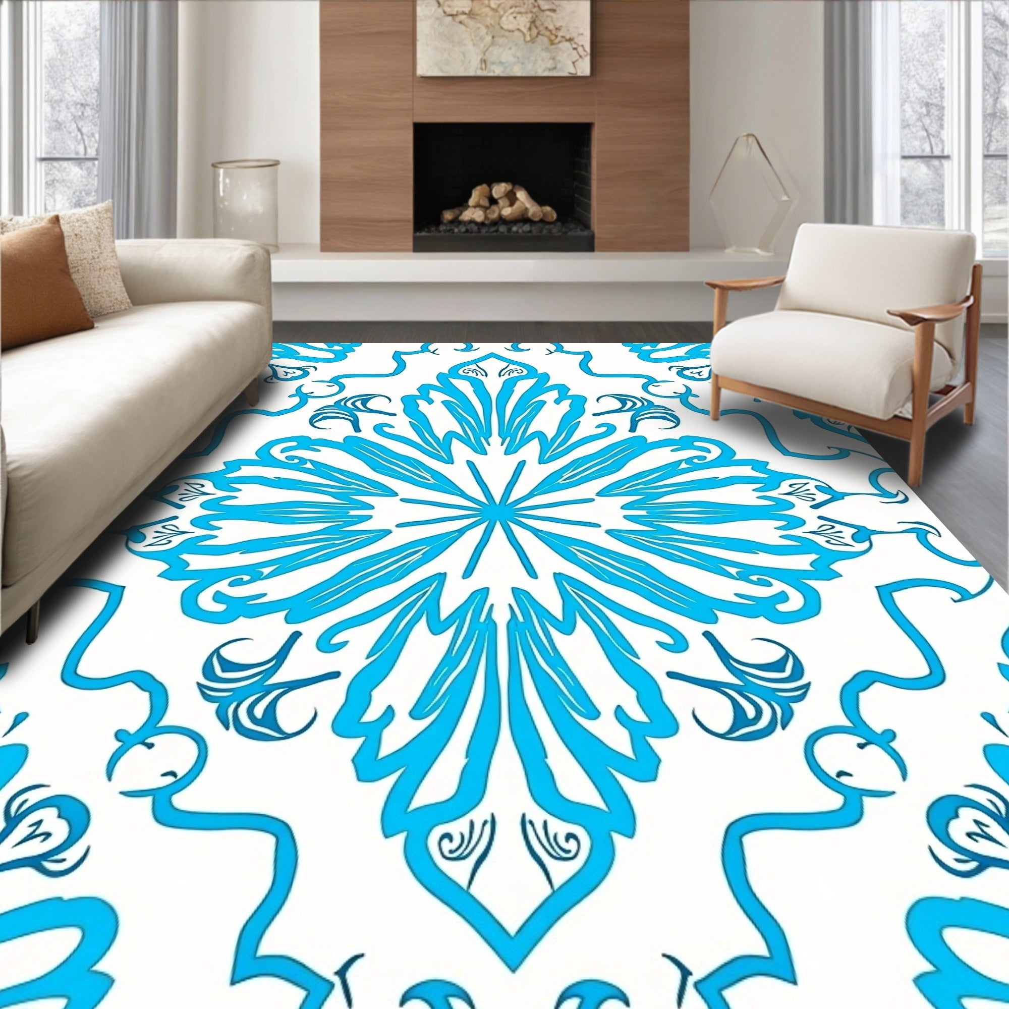 Bright Cyan Floral Medallion Rug