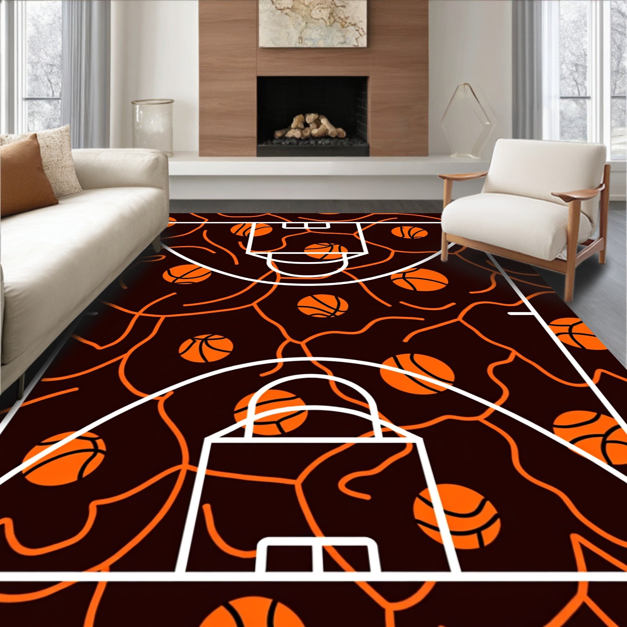 Orange Basketball Court Outline Rug