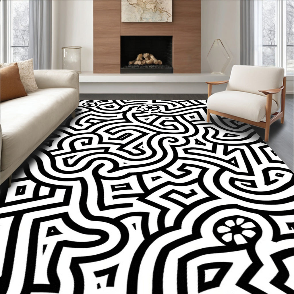 Bold Black Linear Maze Rug