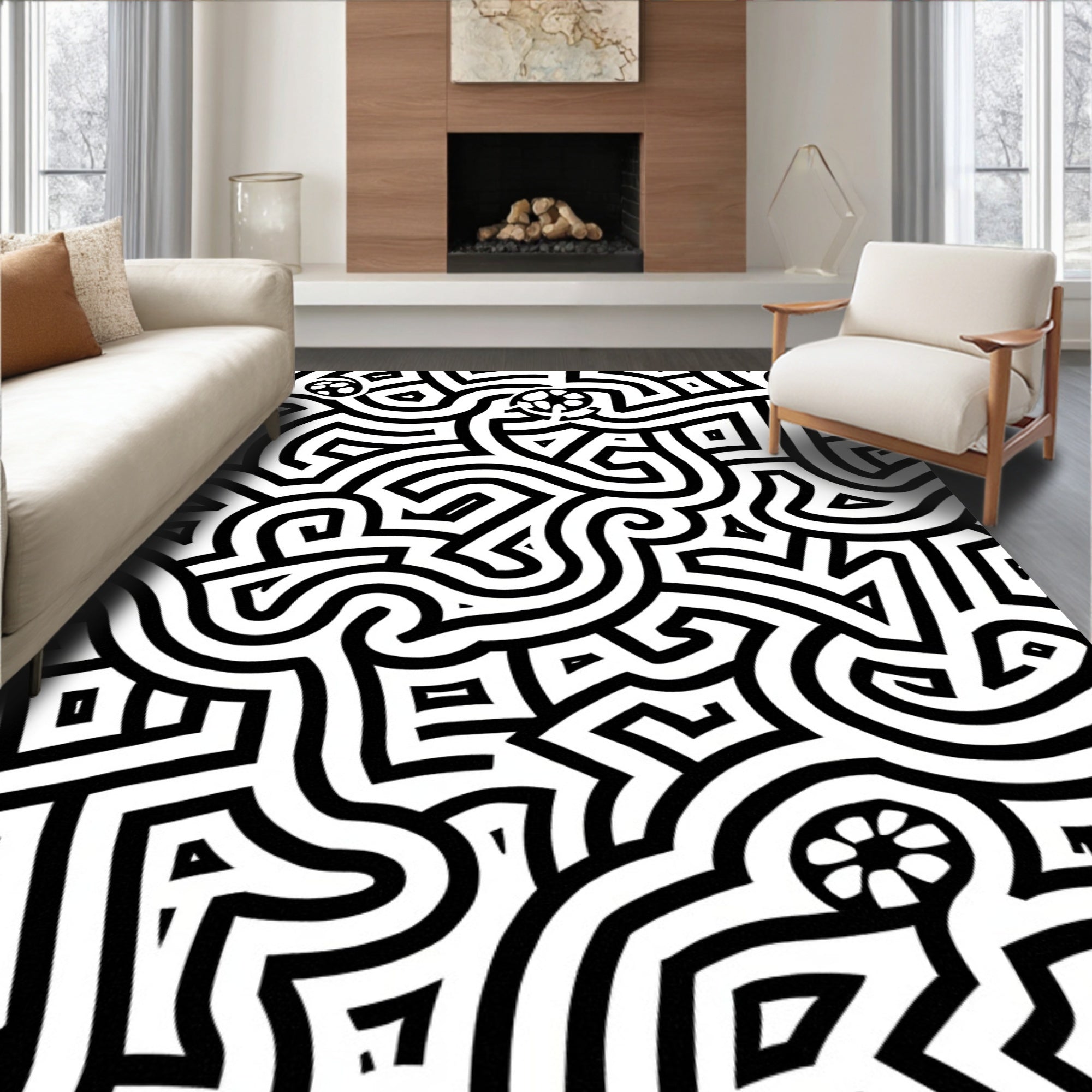 Bold Black Linear Maze Rug