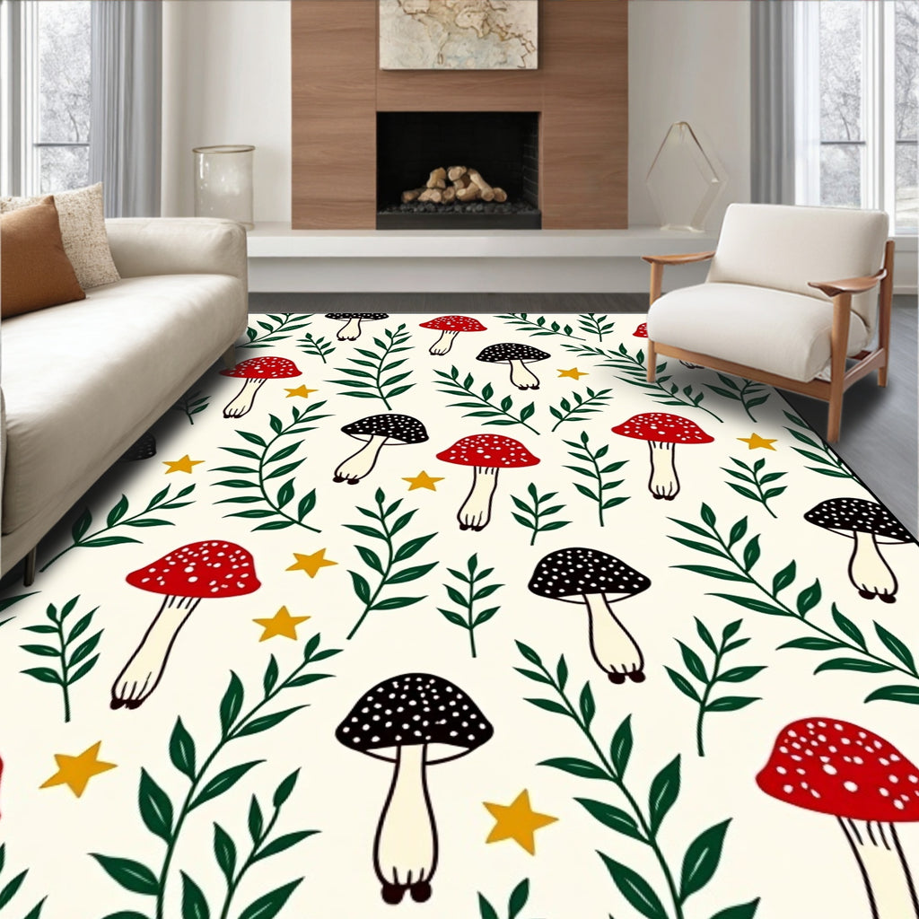 Whimsical Red Black Mushroom Garden Stars Rug
