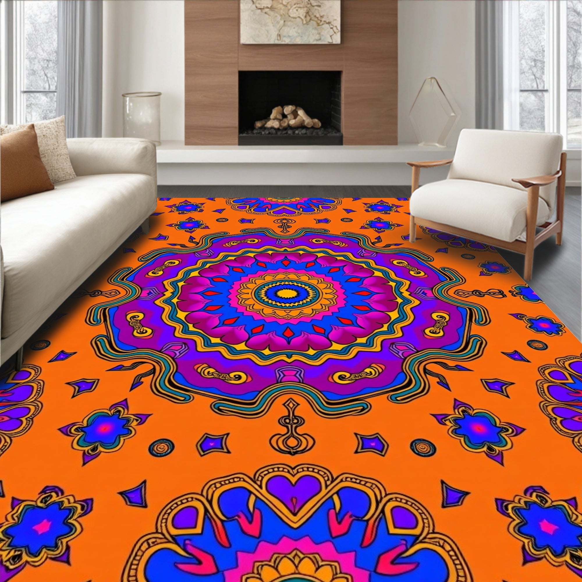 Vibrant Orange Mandala Floral Burst Rug