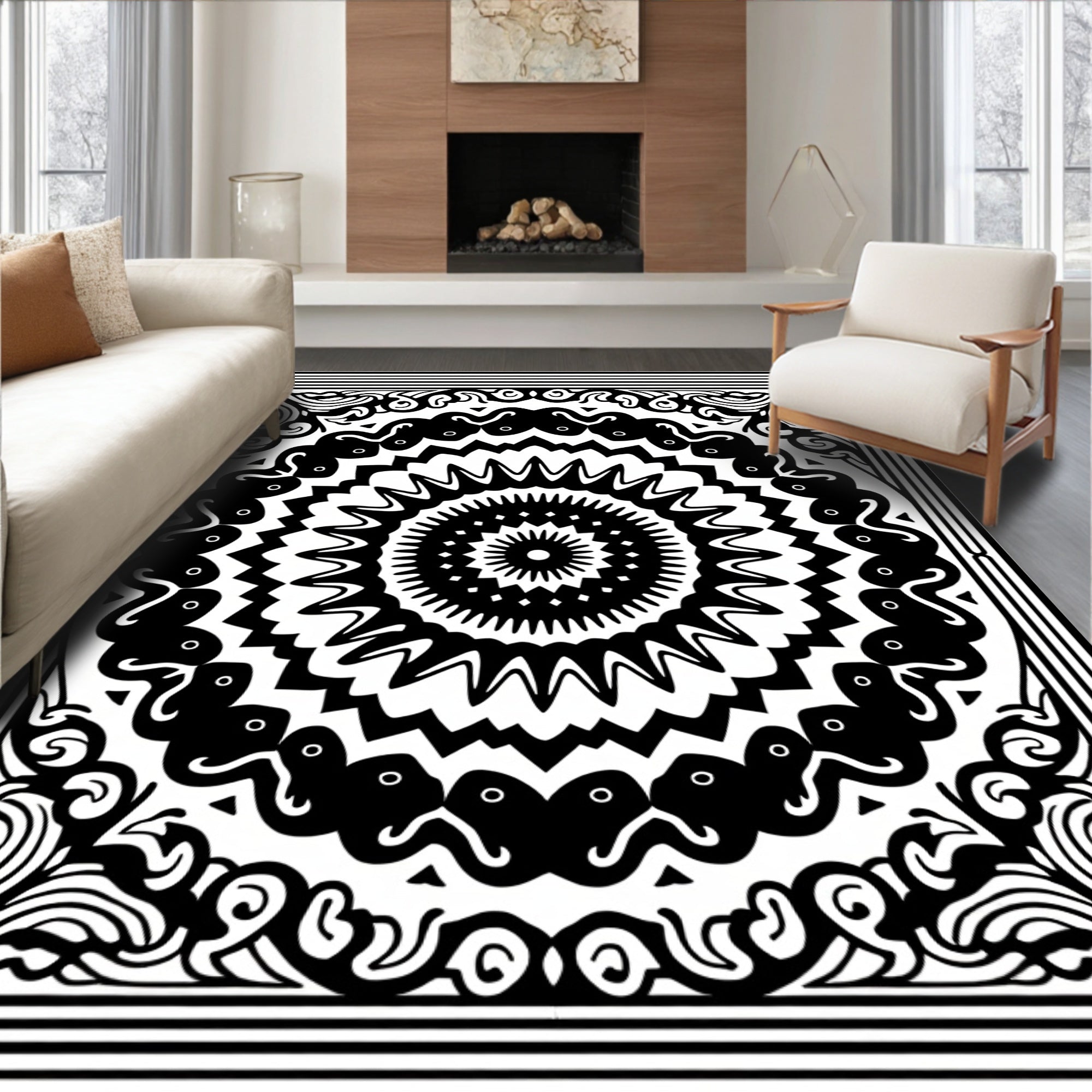 Bold Black Mandala Radial Harmony Rug