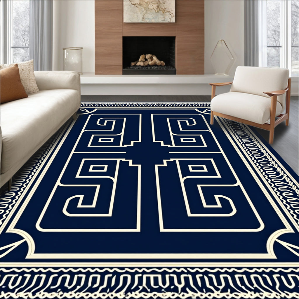 Navy Geometric Maze Border Rug