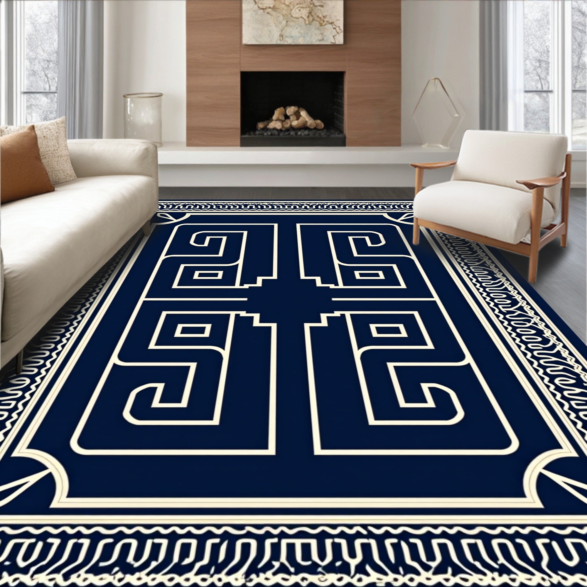 Navy Geometric Maze Border Rug