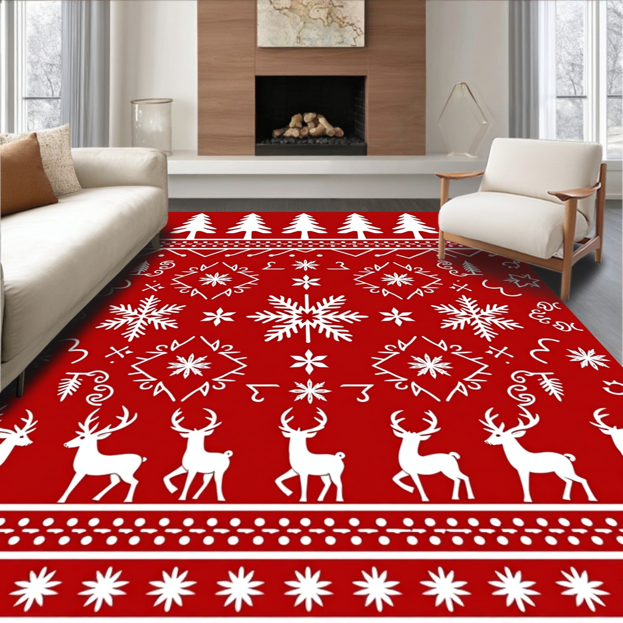 Red White Christmas Tree Reindeer Snowflake Rug