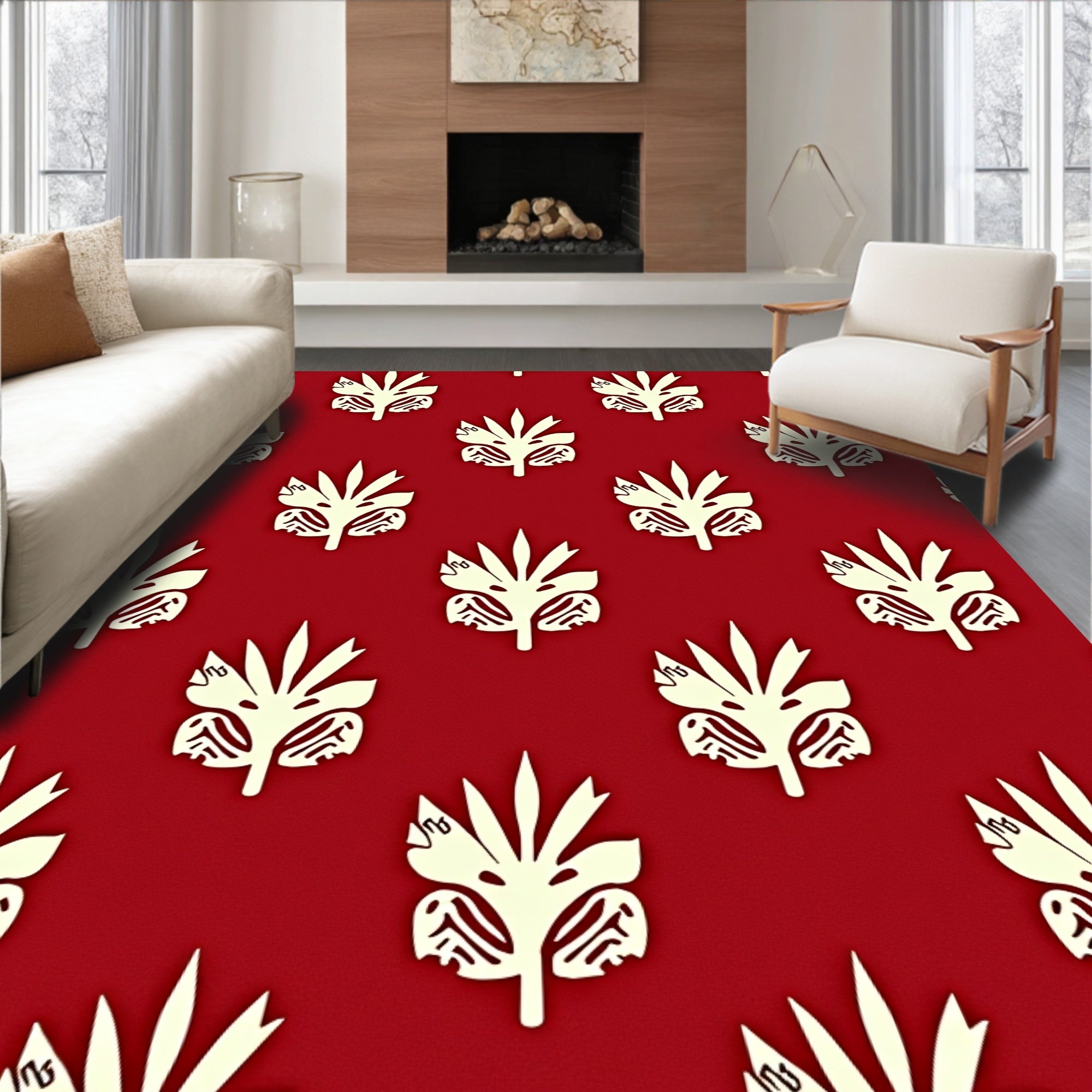 Crimson Cream Palm Leaf Repeat Rug