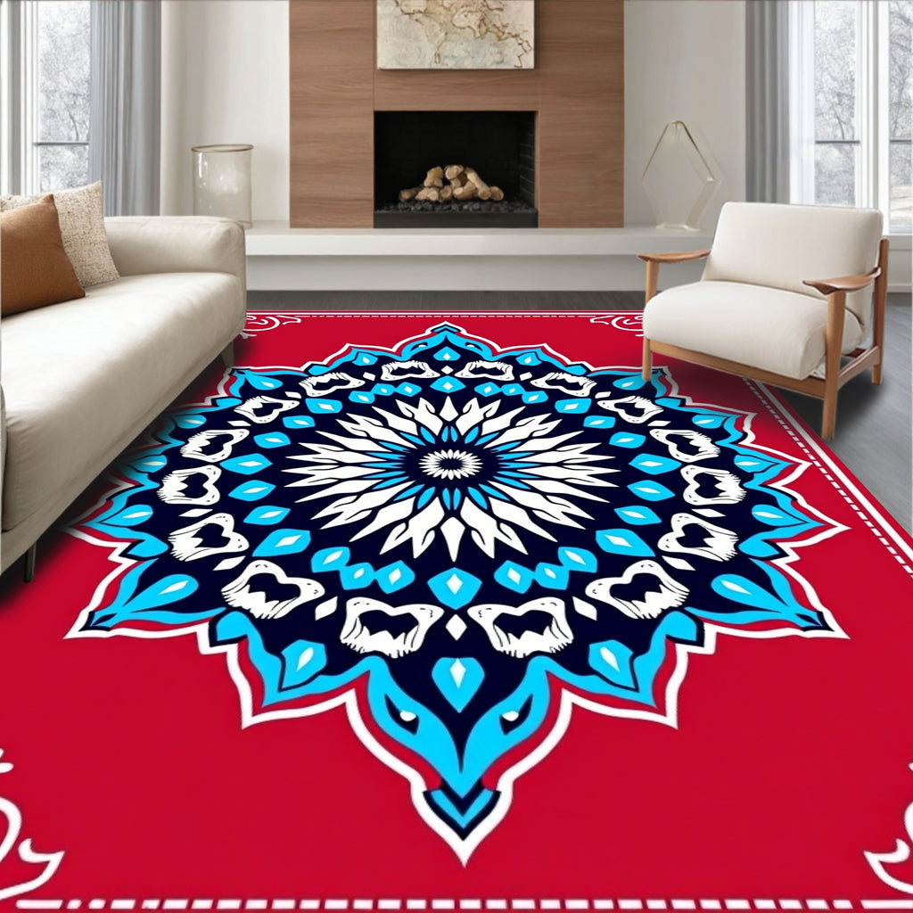 Red Vibrant Blue White Starburst Medallion Rug