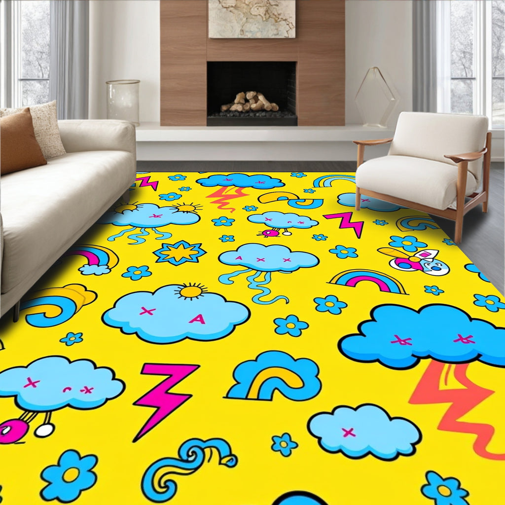 Bright Yellow Sky Cloud Rainbow Lightning Rug