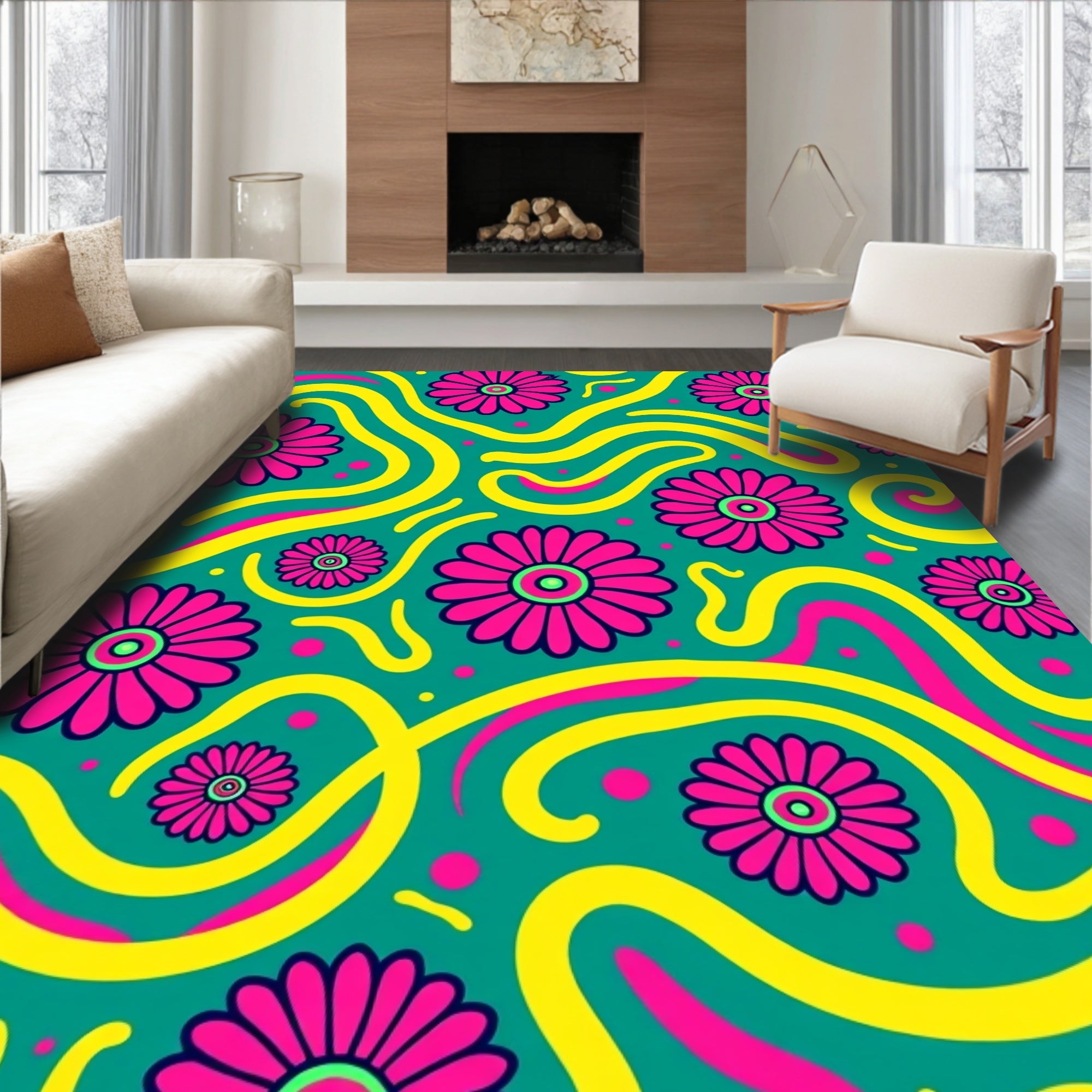 Vibrant Pink Daisy Swirls Rug
