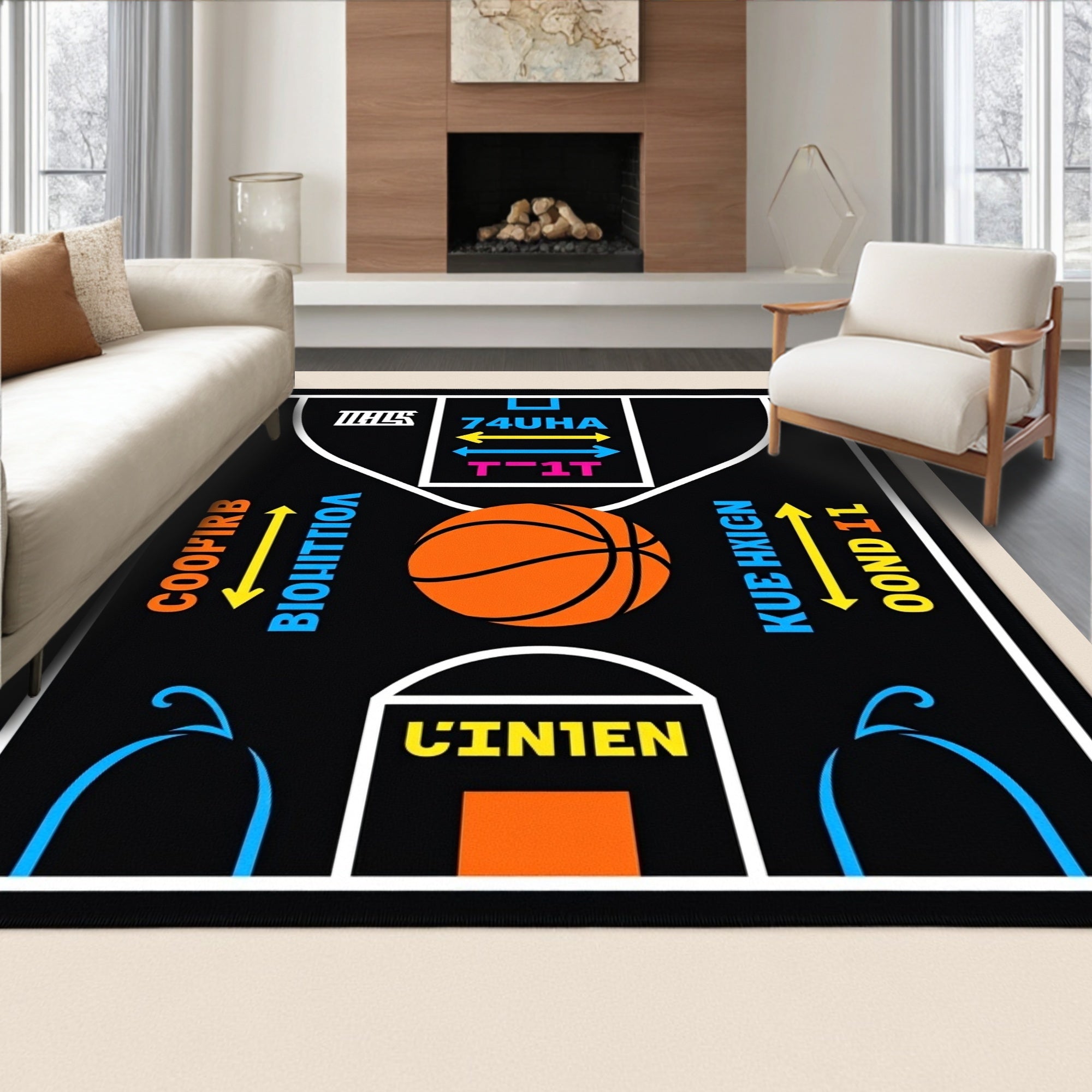 Black Basketball Court Graphic Rug