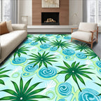 Tropical Green Palm Leaf Teal Swirl Rug