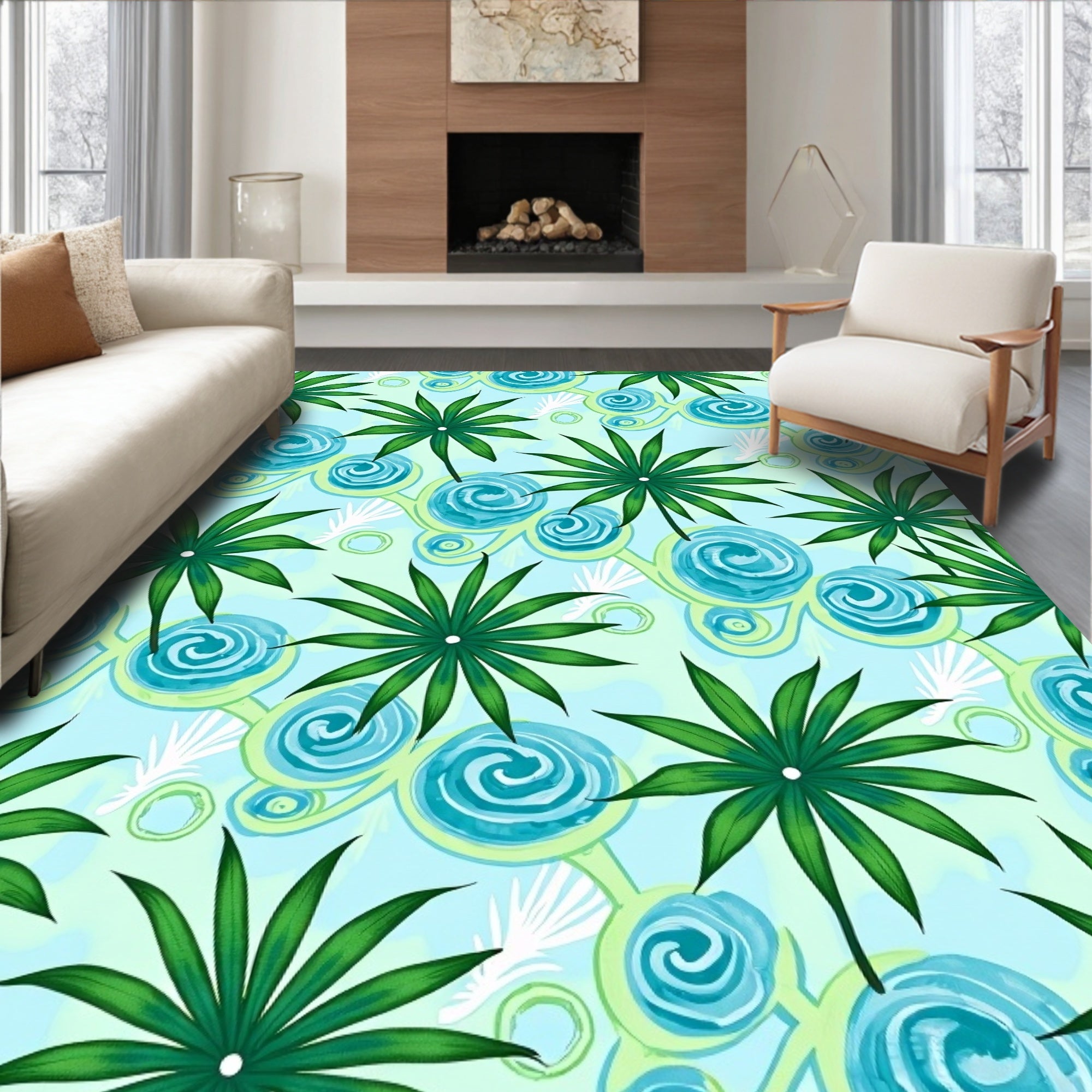 Tropical Green Palm Leaf Teal Swirl Rug