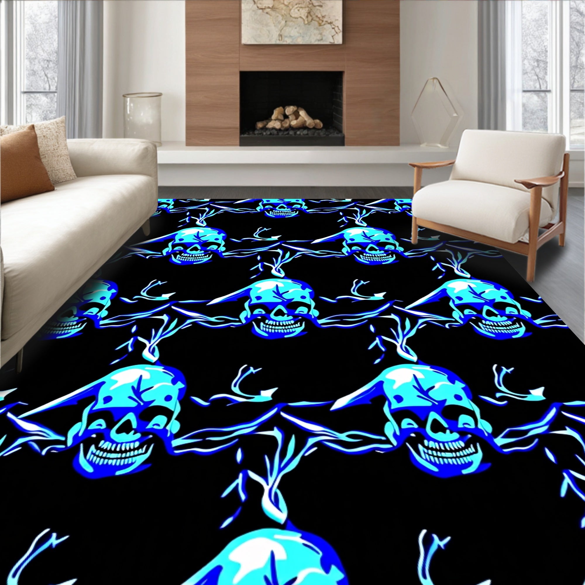 Electric Blue Skull Branches Rug