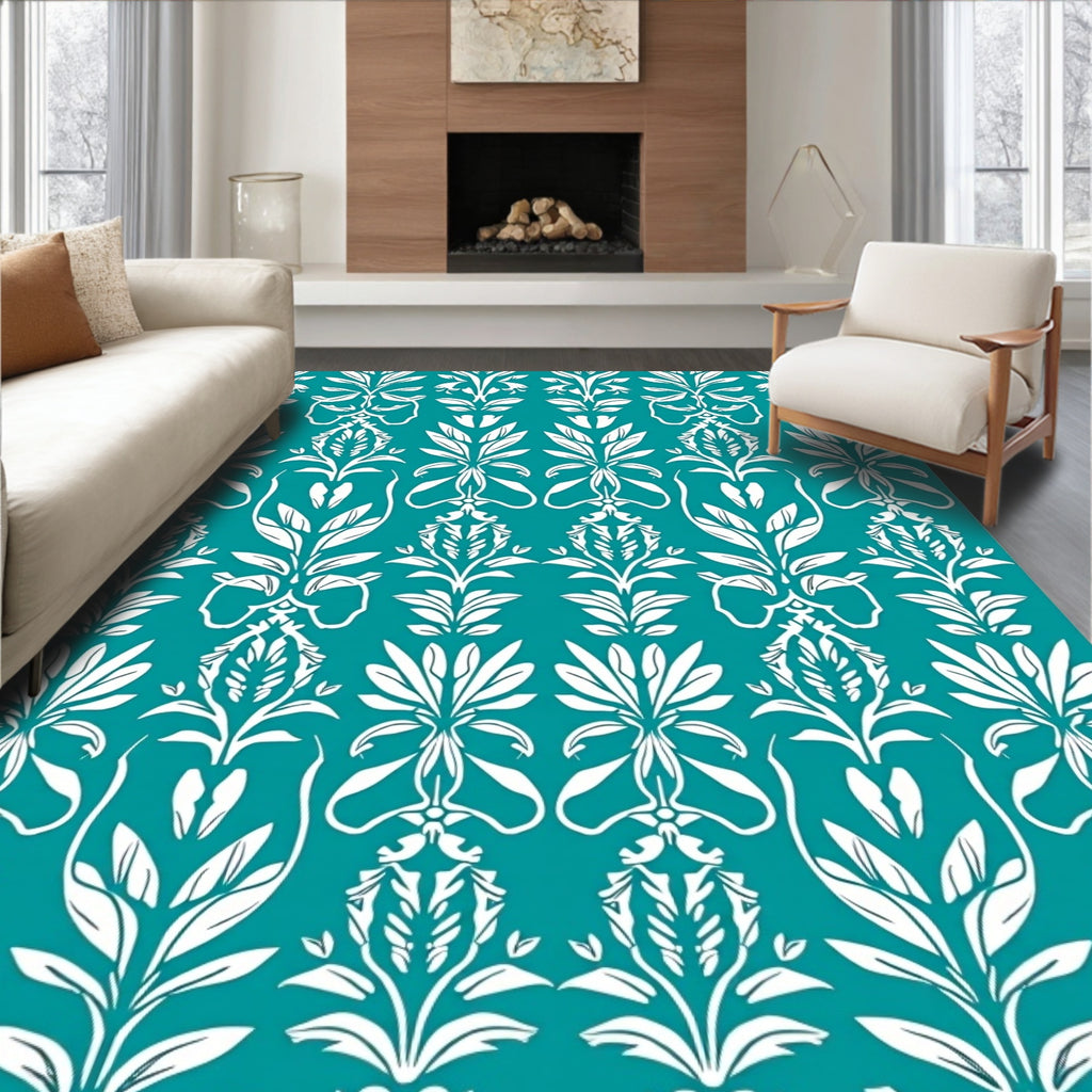 Teal White Floral Art Nouveau Scroll Rug