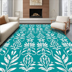 Teal White Floral Art Nouveau Scroll Rug
