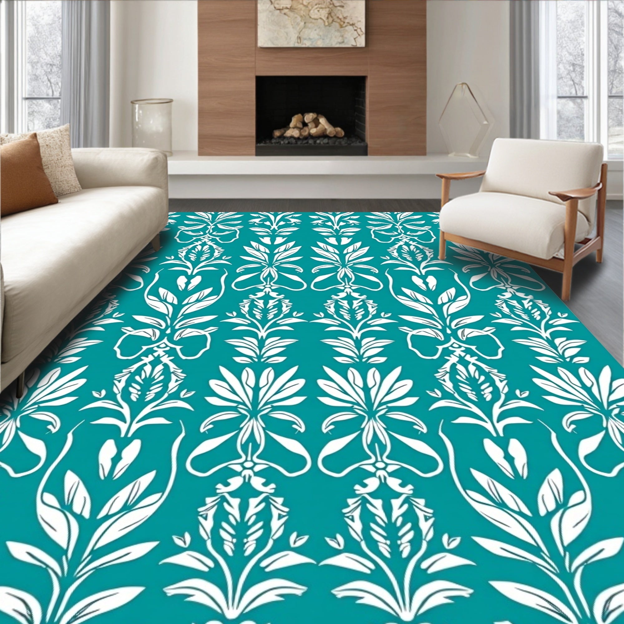Teal White Floral Art Nouveau Scroll Rug