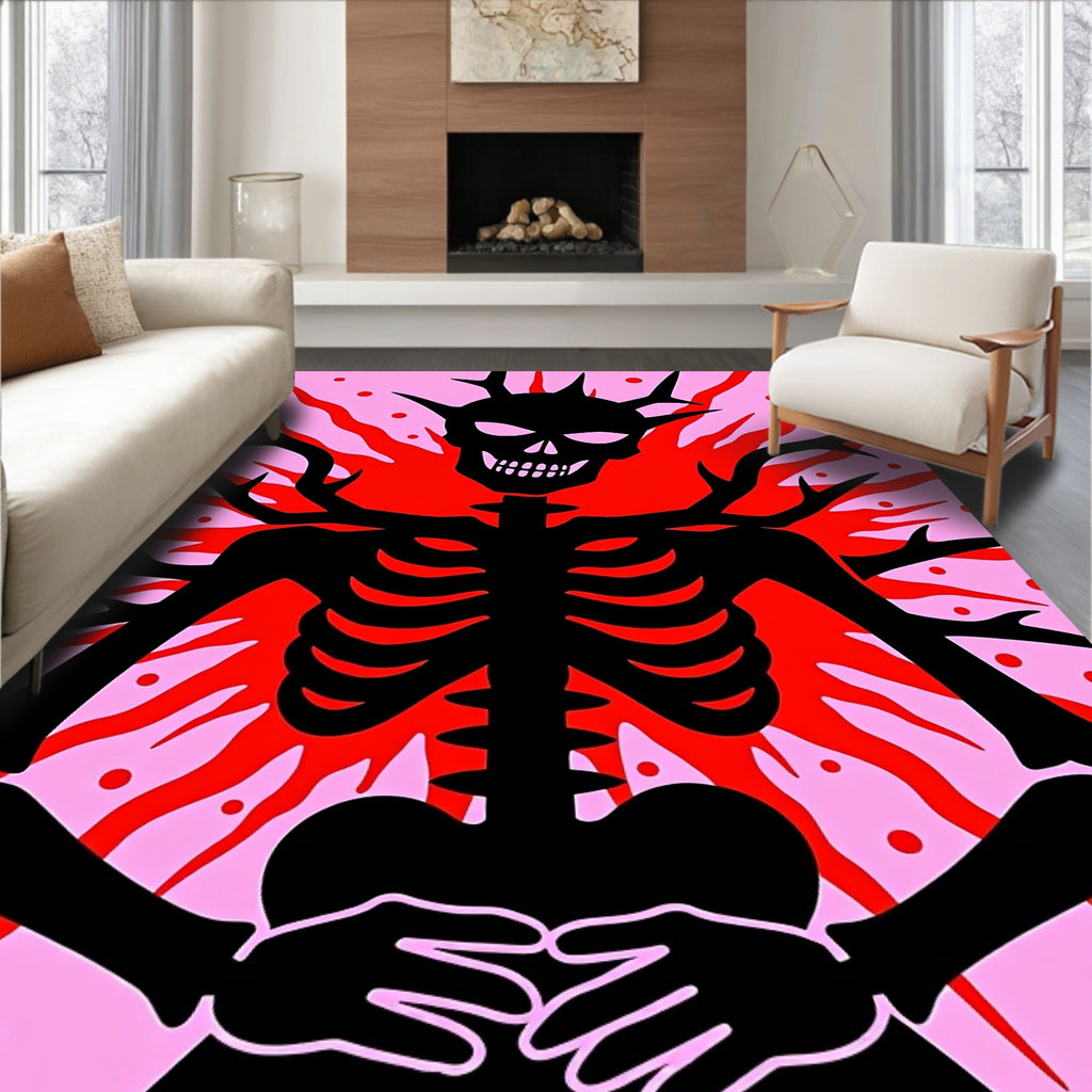 Black Skeleton With Red Fire Motif Rug