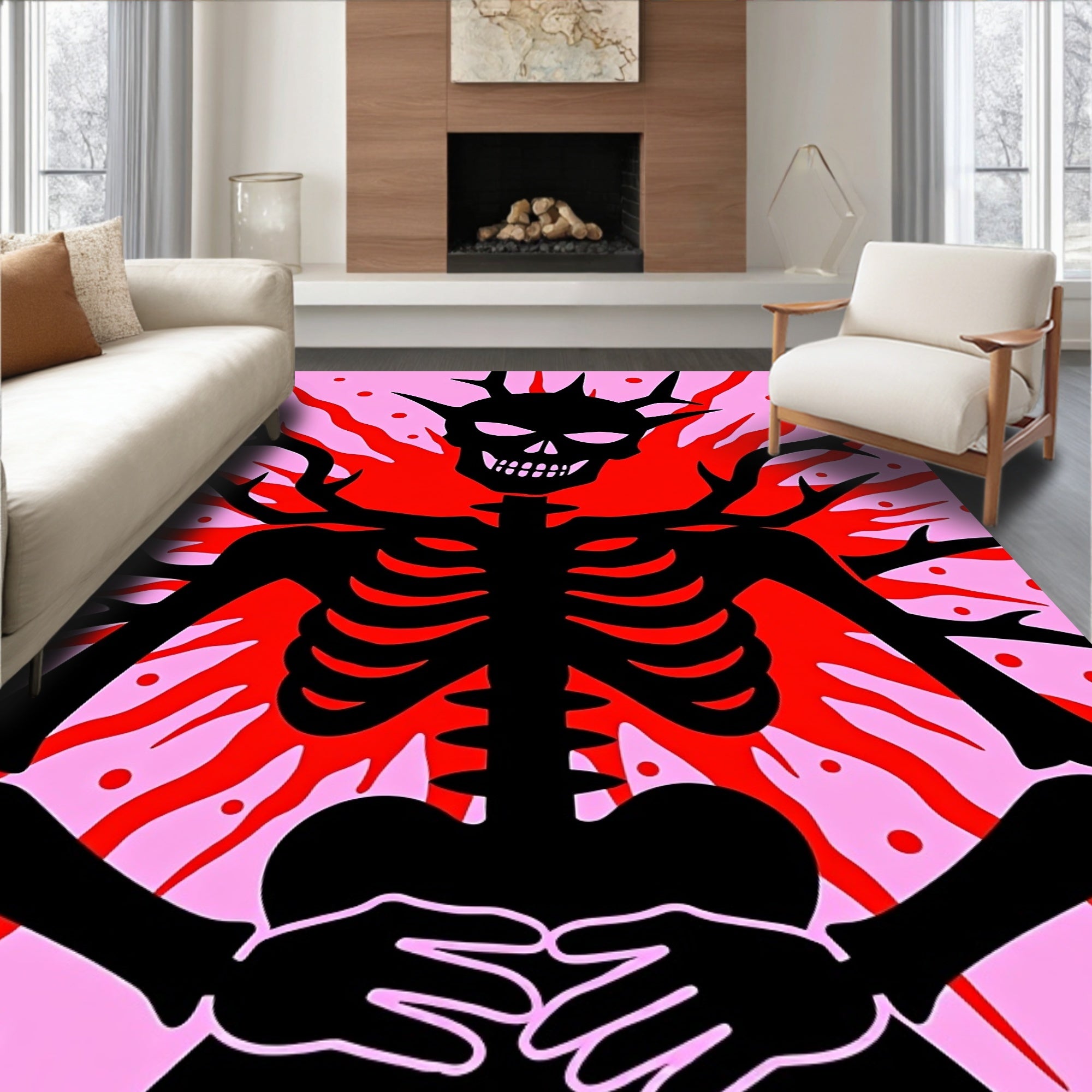 Black Skeleton With Red Fire Motif Rug