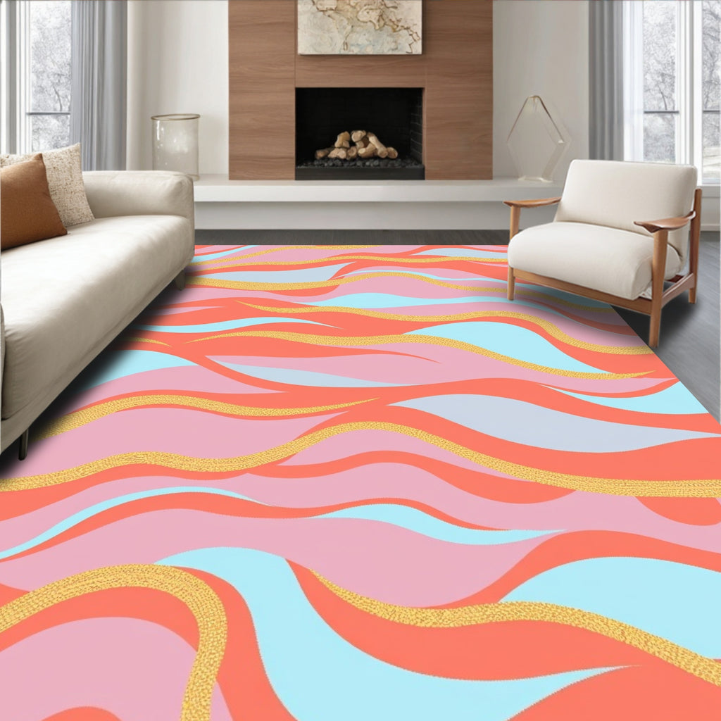 Coral Pink Blue Gold Swirl Waves Rug