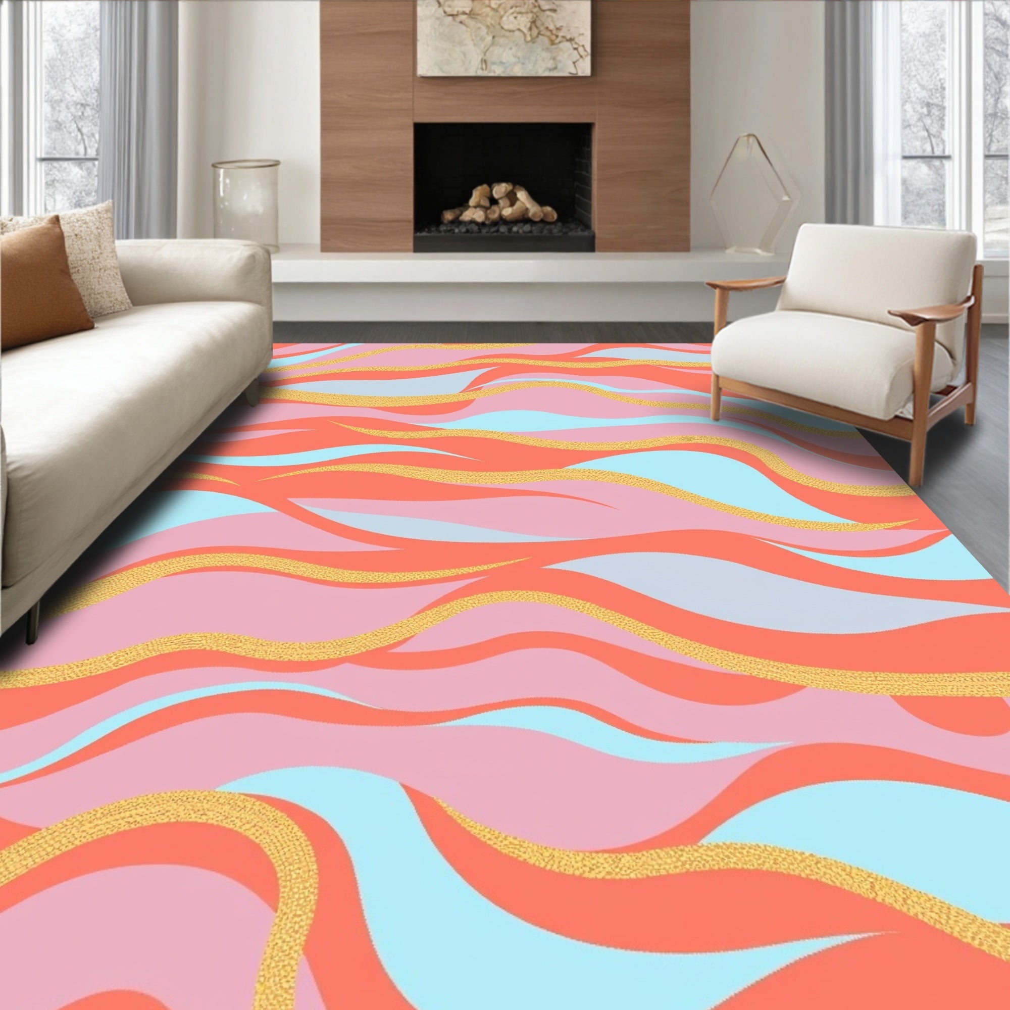 Coral Pink Blue Gold Swirl Waves Rug