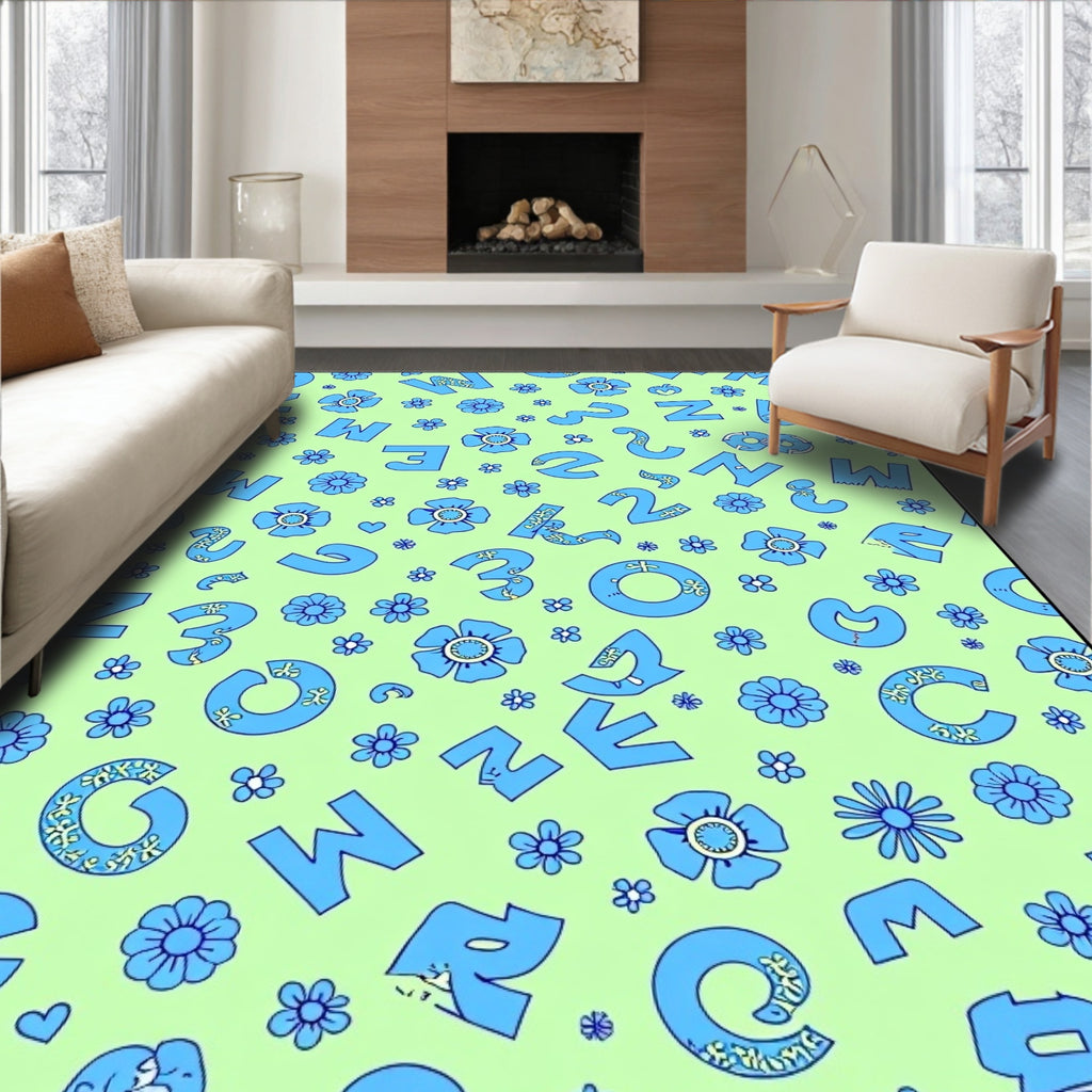 Playful Blue Alphabet Floral Field Rug