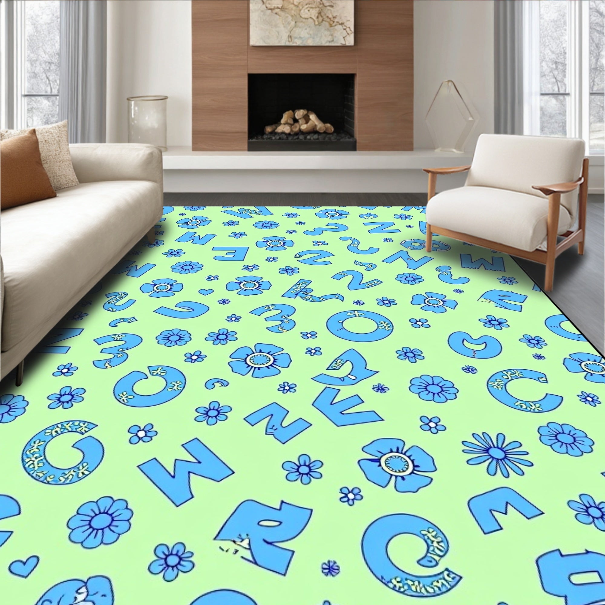 Playful Blue Alphabet Floral Field Rug