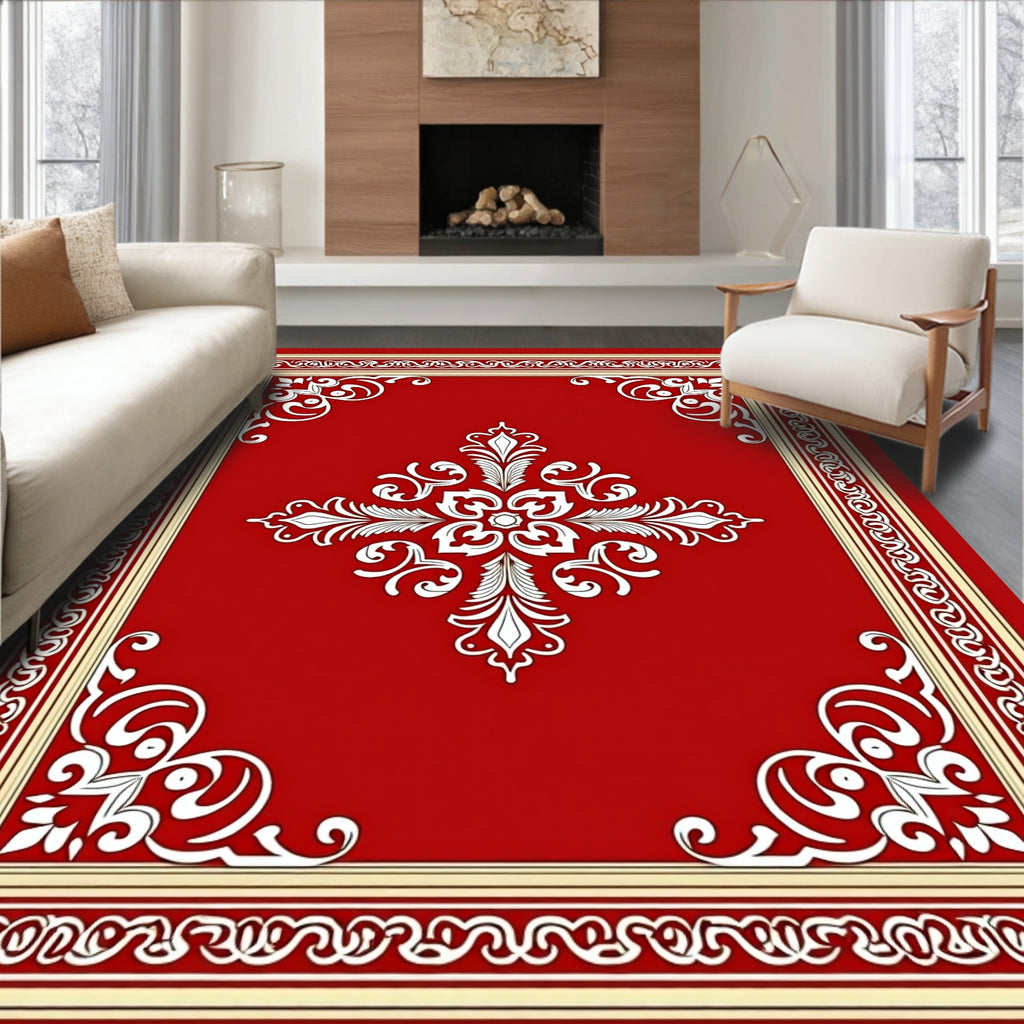 Crimson Scrollwork Floral Centerpiece Rug
