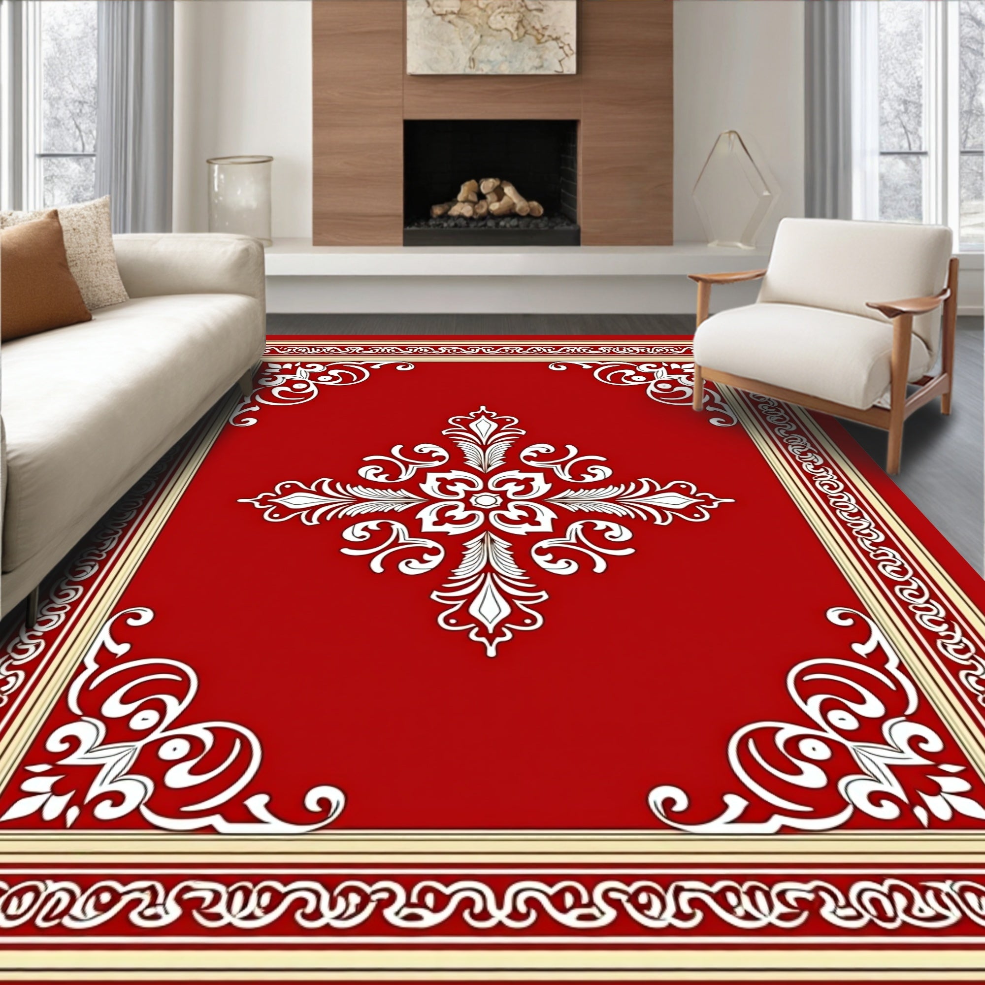Crimson Scrollwork Floral Centerpiece Rug
