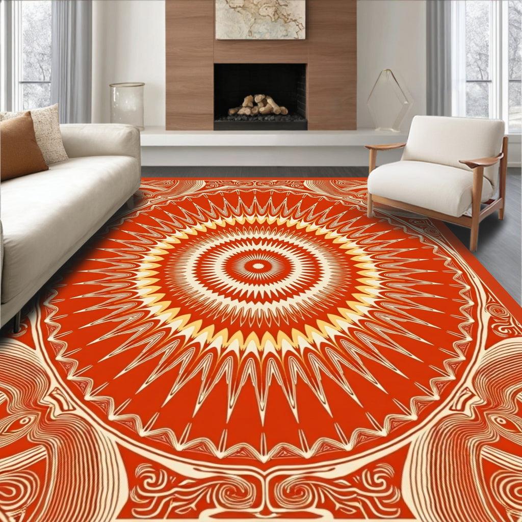 Crimson Sunburst Psychedelic Medallion Rug