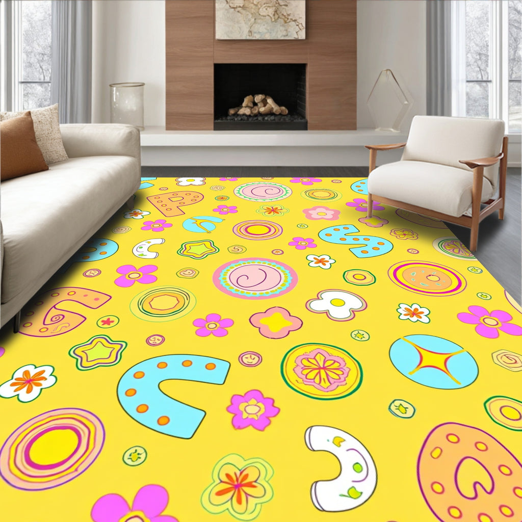 Playful Yellow Alphabet Floral Circles Rug