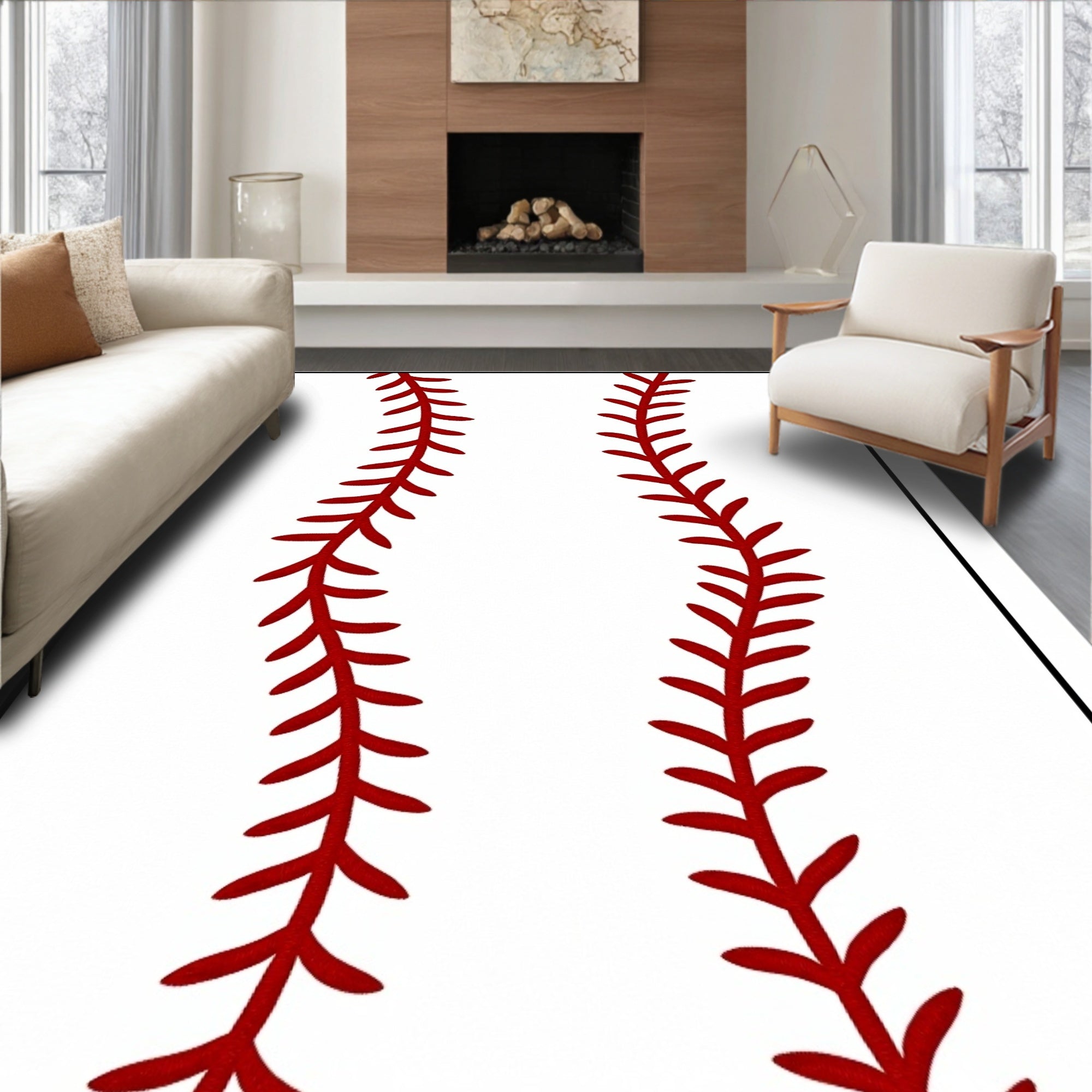 Red Stitch Baseball Vertical Lines Rug
