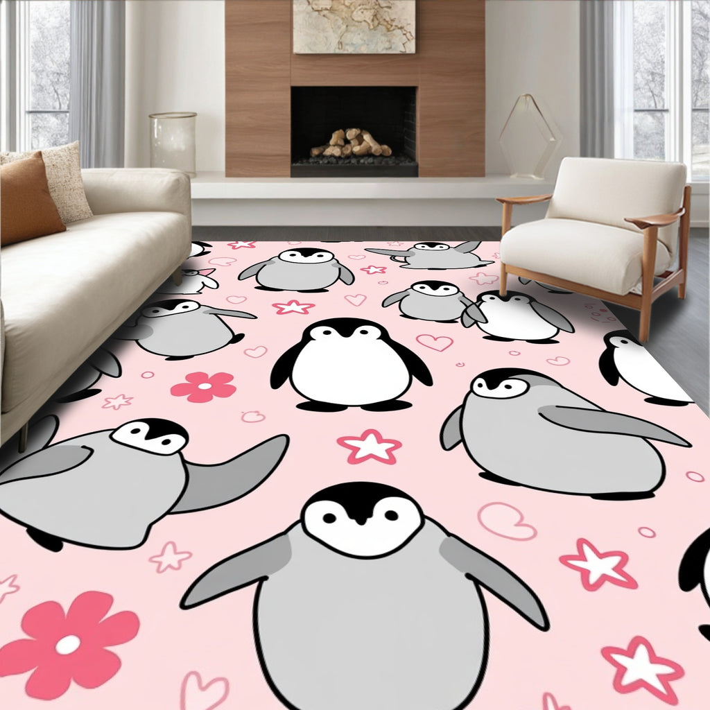 Cute Pink Penguin Heart Star Collection Rug