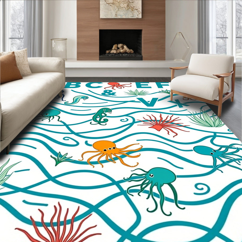 Playful Sea Creatures Alphabet Waves Rug