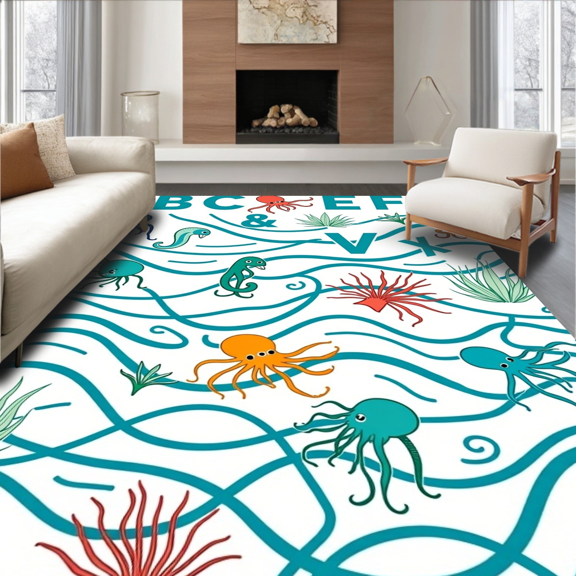 Playful Sea Creatures Alphabet Waves Rug