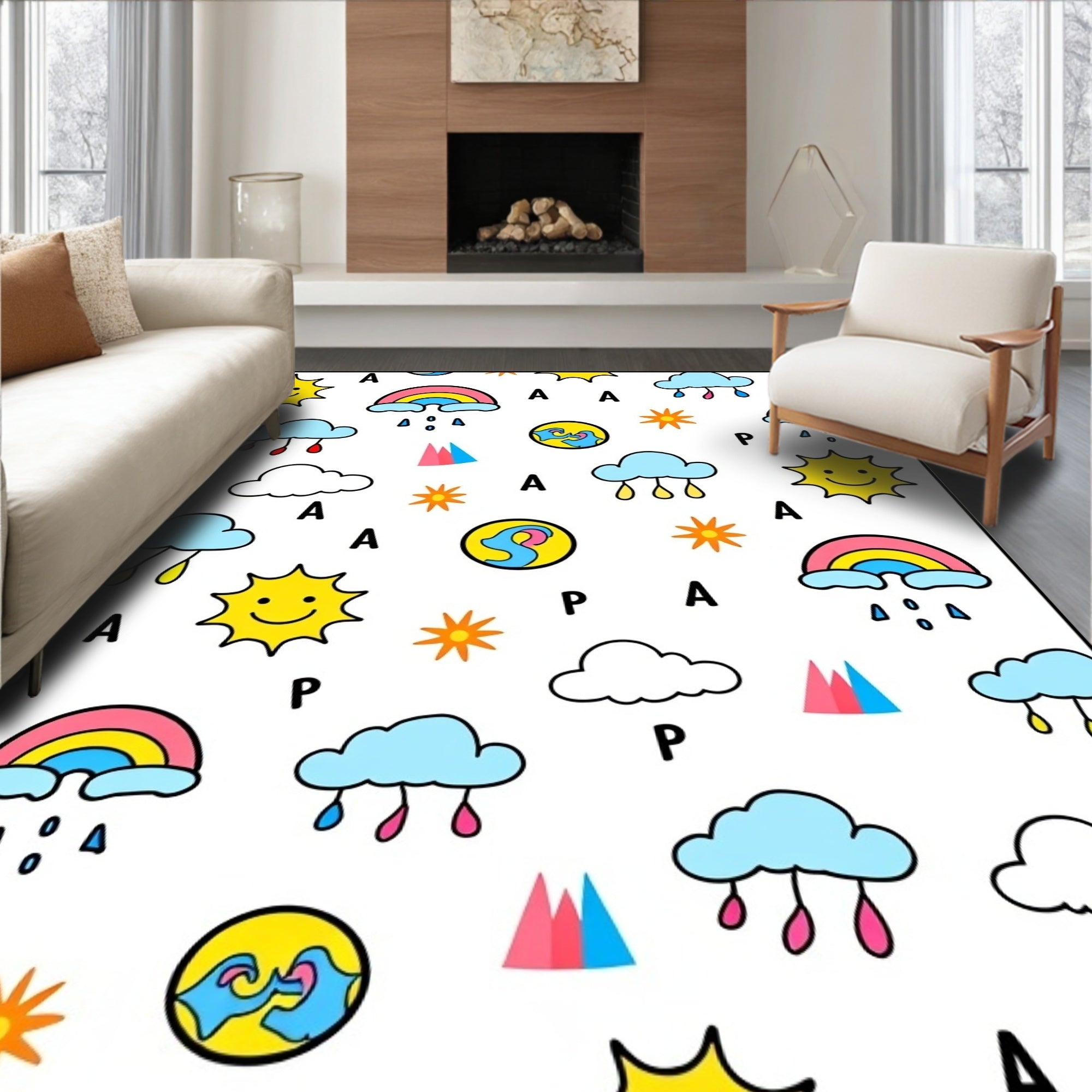 Happy Sun Rainbow Cloud Icon Collection Rug