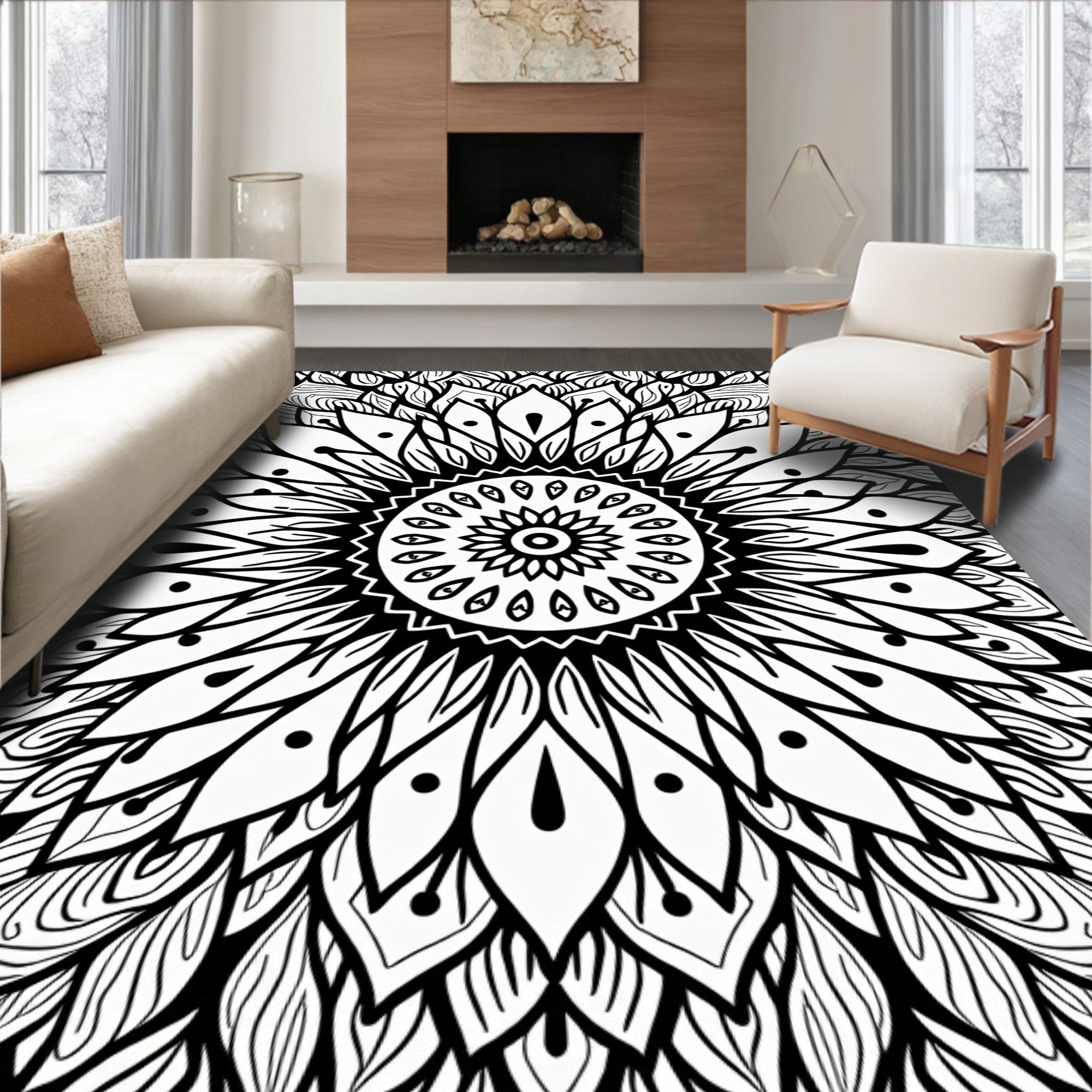 Black White Radial Sunburst Mandala Rug
