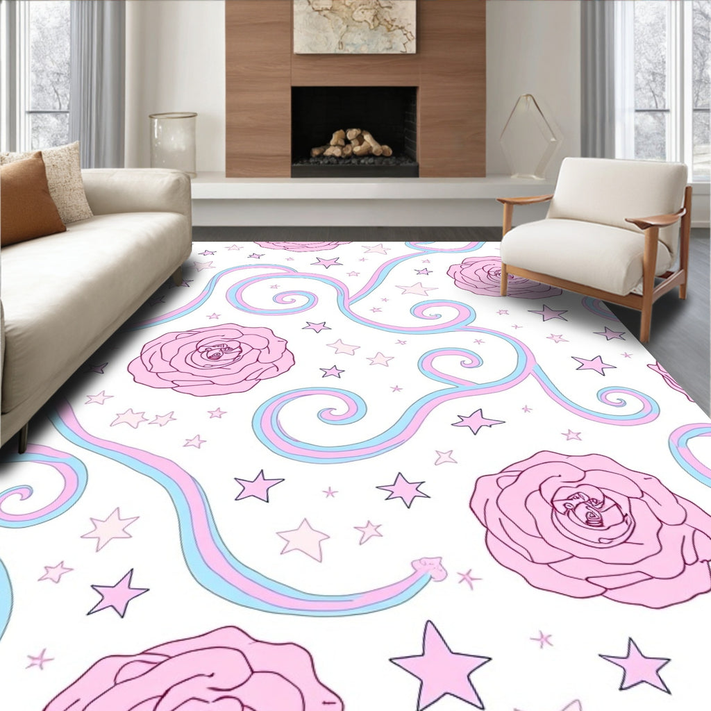 Pink Rose Pastel Swirl Stars Rug