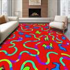 Whimsical Red Goats Abstract Wavy Colorful Rug
